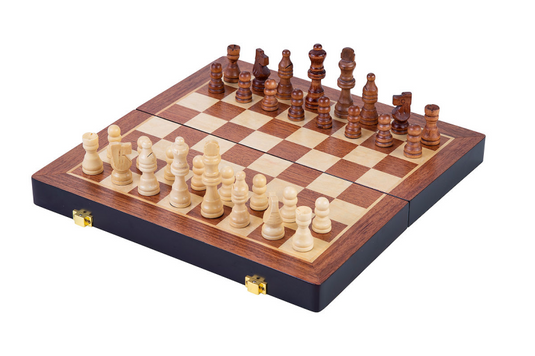 Longfield schaakspel deluxe inklapbaar – houten schaakset van essenhout – luxe bruin schaakbord 30 x 30 x 5,5 cm – opklapbaar compact – engelhart