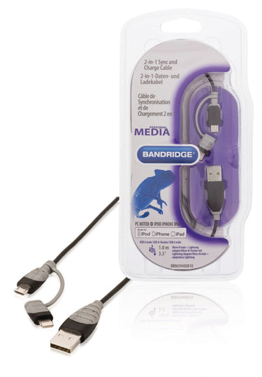 Bandridge bbm39400b10 2-in-1 data en oplaadkabel usb micro-b male + lightningadapter - a male 1.00 m zwart