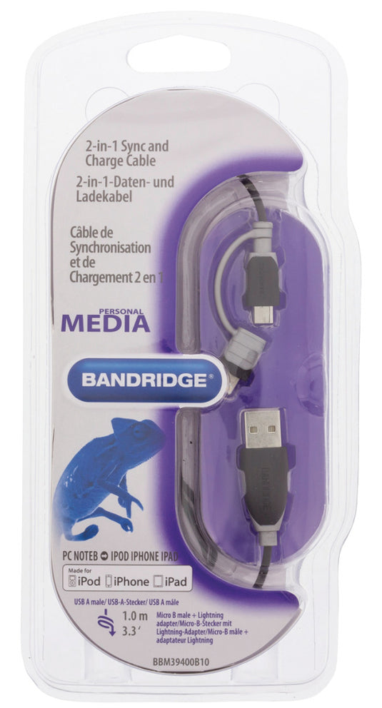 Bandridge bbm39400b10 2-in-1 data en oplaadkabel usb micro-b male + lightningadapter - a male 1.00 m zwart