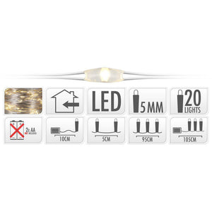 S.i.a. zilverdraad kerstverlichting op batterij 95cm 20 led lampjes