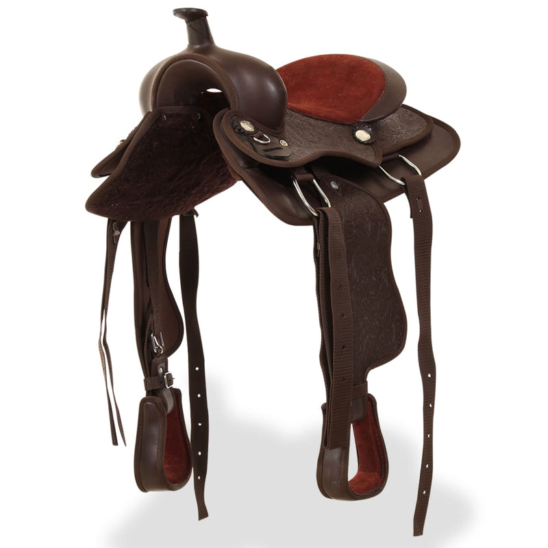 Load image into Gallery viewer, Vidaxl western zadel, hoofdstel en borstriem 12 echt leer bruin
