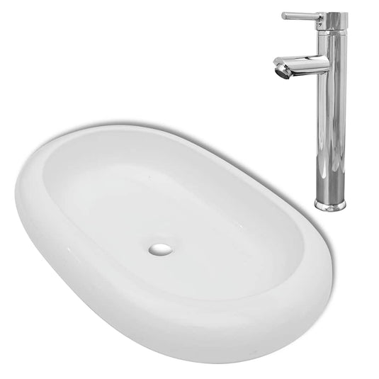 Vidaxl badkamerwastafel met mengkraan ovaal keramiek wit
