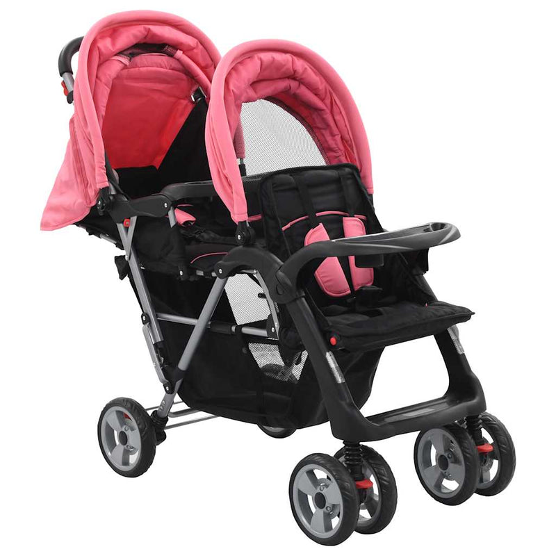 Load image into Gallery viewer, Vidaxl kinderwagen dubbel staal roze en zwart
