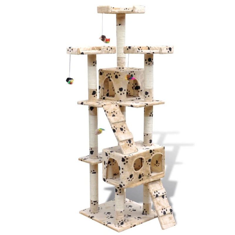 Load image into Gallery viewer, VidaXL Kattenkrabpaal met pootafdrukken en 2 huisjes 170 cm beige
