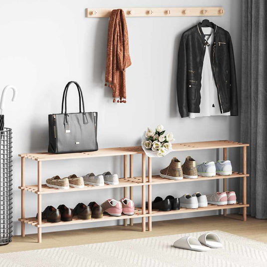 Vidaxl schoenenrekken met 3 schappen 2 st massief vurenhout