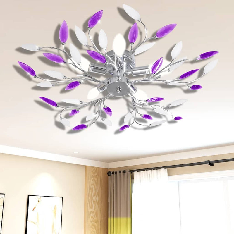 Afbeelding laden in galerijviewer, Vidaxl lamp met kristallen bladeren van acryl voor 5x e14 paars en wit
