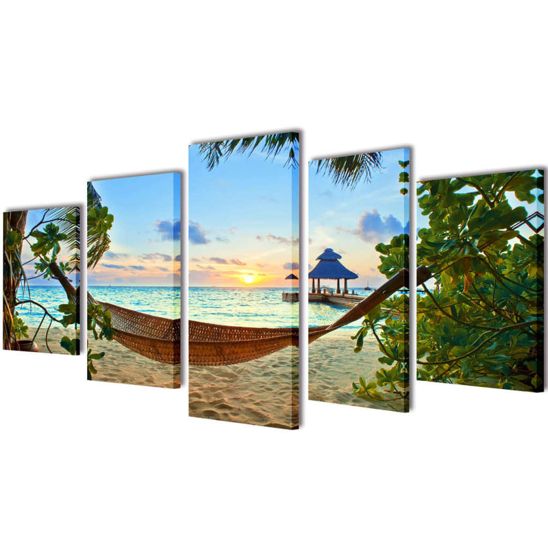 Chargez l'image dans la visionneuse de la galerie, Vidaxl canvas muurdruk set zandstrand met hangmat 100 x 50 cm
