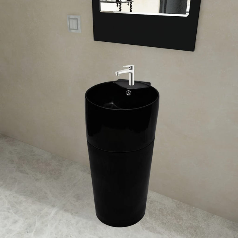 Load image into Gallery viewer, VidaXL Staande wastafel met overloop en kraangat zwart rond keramiek
