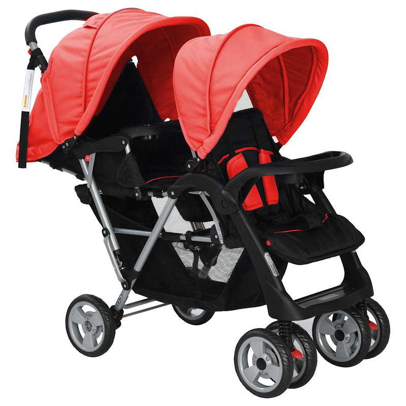 Load image into Gallery viewer, Vidaxl kinderwagen dubbel staal rood en zwart
