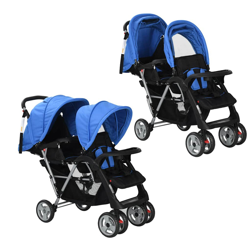 Load image into Gallery viewer, Vidaxl kinderwagen dubbel staal blauw en zwart
