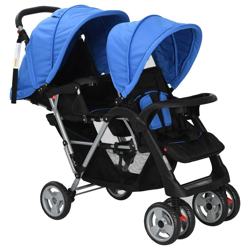 Load image into Gallery viewer, Vidaxl kinderwagen dubbel staal blauw en zwart
