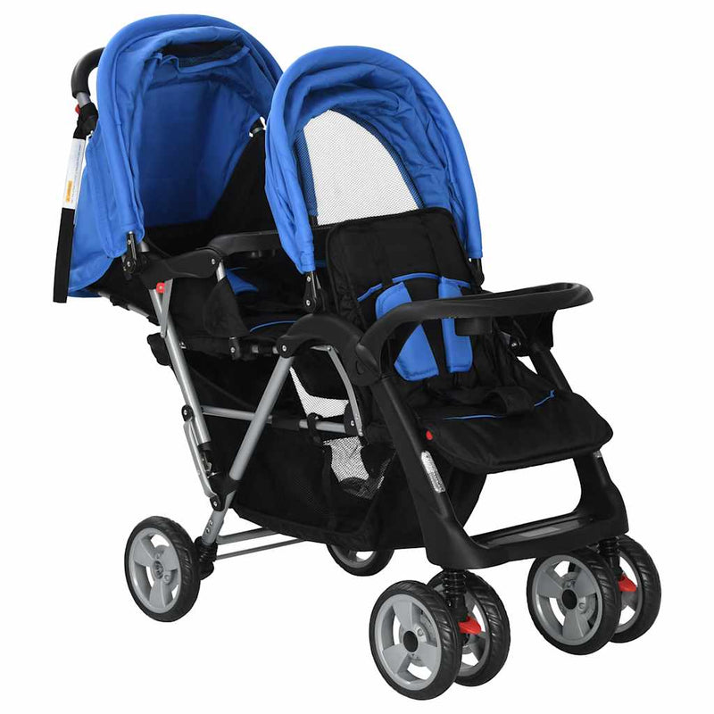 Load image into Gallery viewer, Vidaxl kinderwagen dubbel staal blauw en zwart
