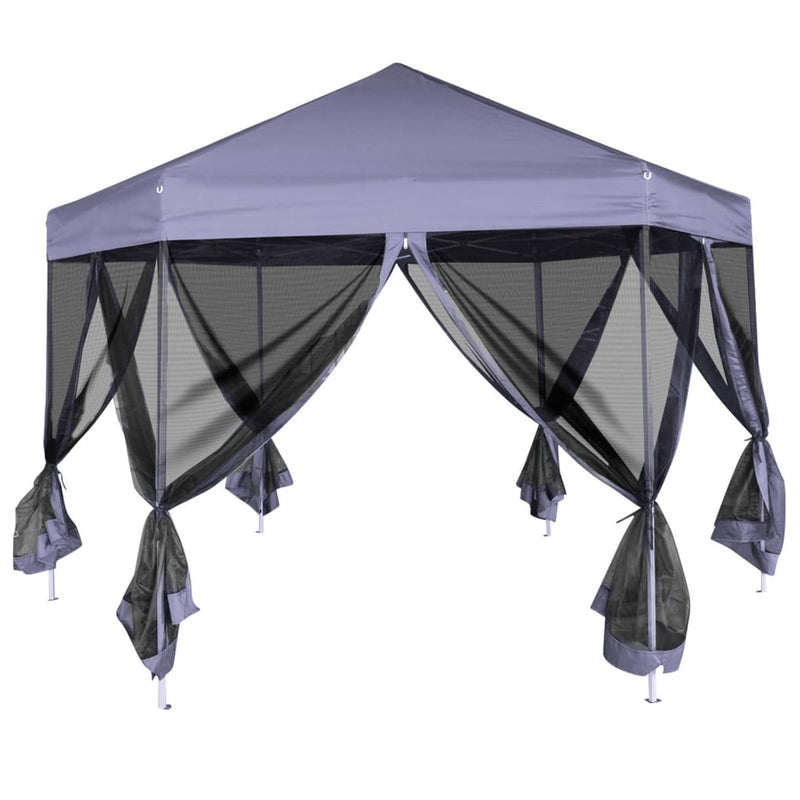 Load image into Gallery viewer, Vidaxl partytent met zijwanden pop-up zeshoekig 3,6x3,1 m donkerblauw

