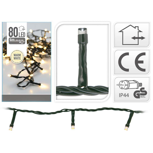 No brand kerst ledverlichting buiten, 80 led warm wit, 0,5cm lampje, 7,5 cm tussen lampjes, ip44 | 2 stuks