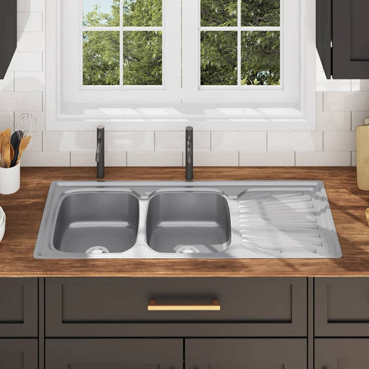 Vidaxl gootsteen dubbele bak met afvoer en zwanenhals roestvrij staal