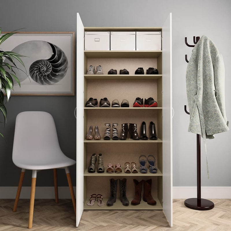 Load image into Gallery viewer, VidaXL Schoenenkast 80x35,5x180cm bewerkt hout wit sonoma eikenkleurig
