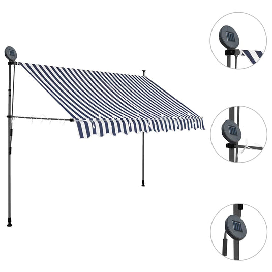 Vidaxl luifel handmatig uitschuifbaar met led 250 cm blauw en wit
