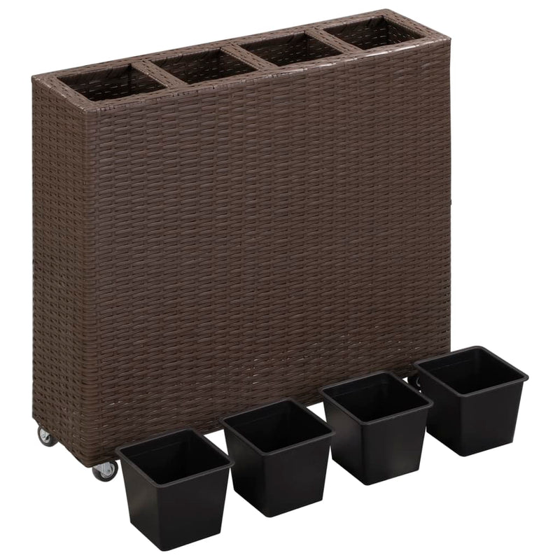 Load image into Gallery viewer, VidaXL Plantenbak verhoogd met 4 potten 80x22x79 cm poly rattan bruin
