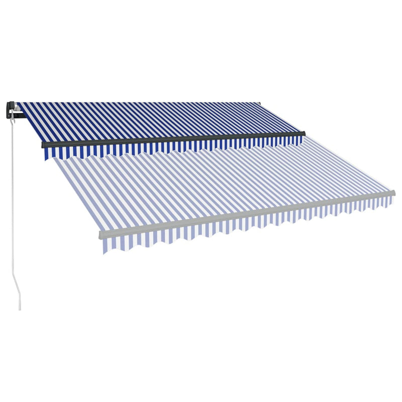 Load image into Gallery viewer, VidaXL Luifel handmatig uittrekbaar met LED 450x300 cm blauw en wit
