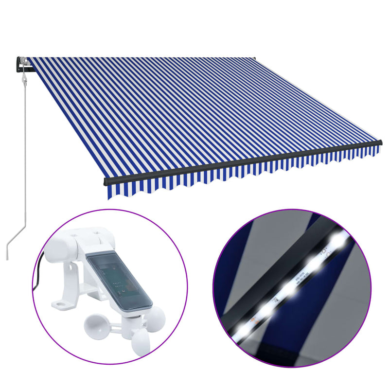 Load image into Gallery viewer, VidaXL Luifel met windsensor en LED 400x300 cm blauw en wit
