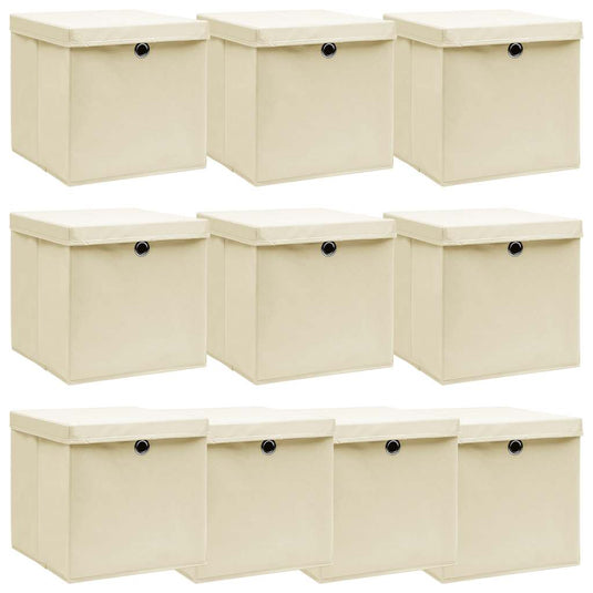 Vidaxl opbergboxen met deksel 10 st 32x32x32 cm stof crèmekleurig