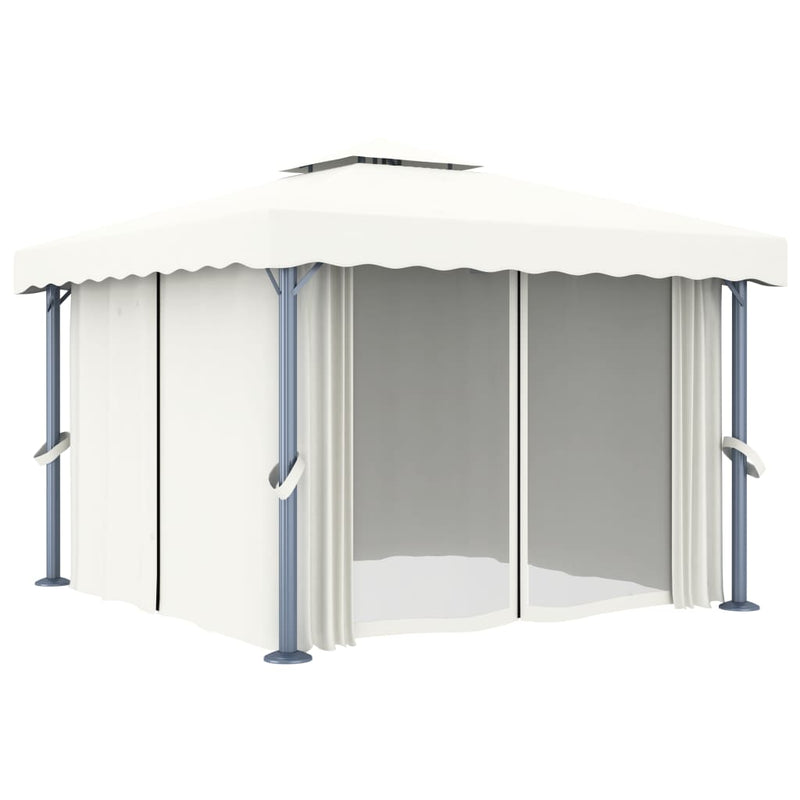 Load image into Gallery viewer, VidaXL Prieel met gordijn 3x3 m aluminium crèmewit
