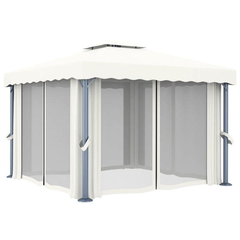 Load image into Gallery viewer, VidaXL Prieel met gordijn 3x3 m aluminium crèmewit
