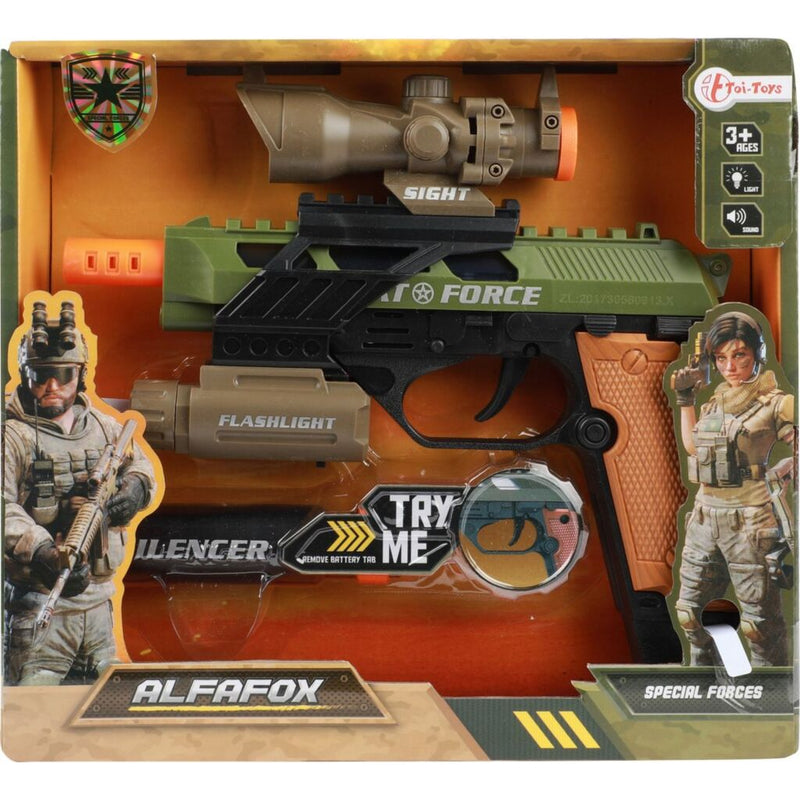 Load image into Gallery viewer, Toi-toys alfafox militair pistool met demper + zaklamp + licht en geluid
