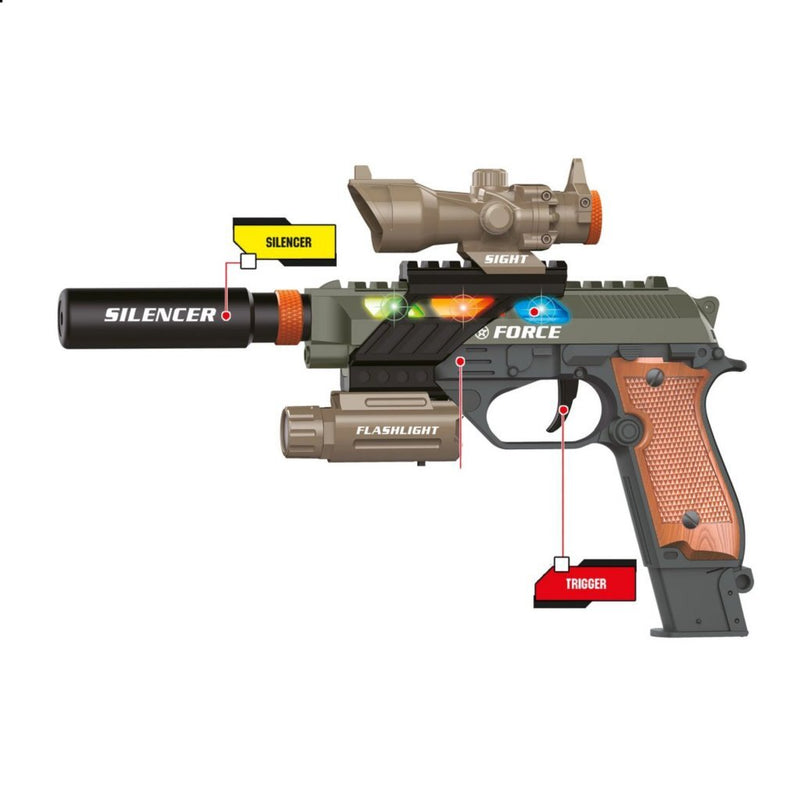 Load image into Gallery viewer, Toi-toys alfafox militair pistool met demper + zaklamp + licht en geluid
