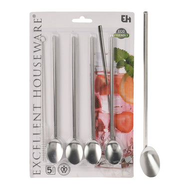 Excellent houseware rvs rietjes met lepel 4 stuks + schoonmaakborstel