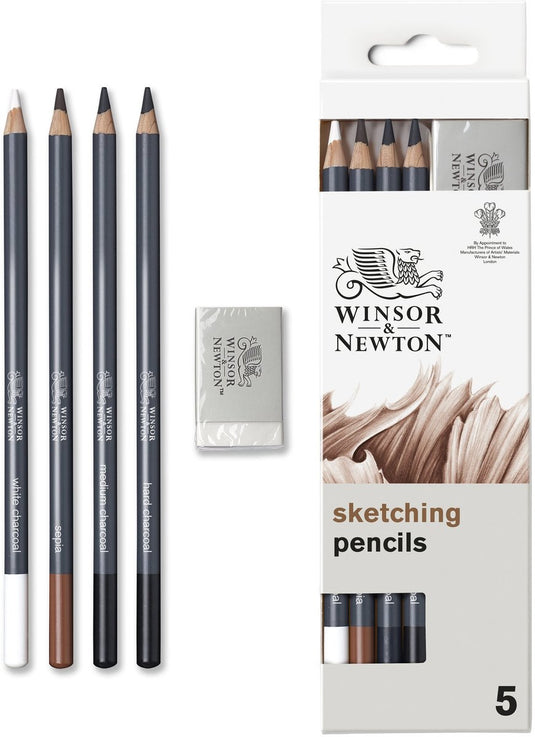 Winsor newton 0490009 studio collection sketchpotloden set x5 met gum – houtskool sepia tekenpotloden voor schetsen