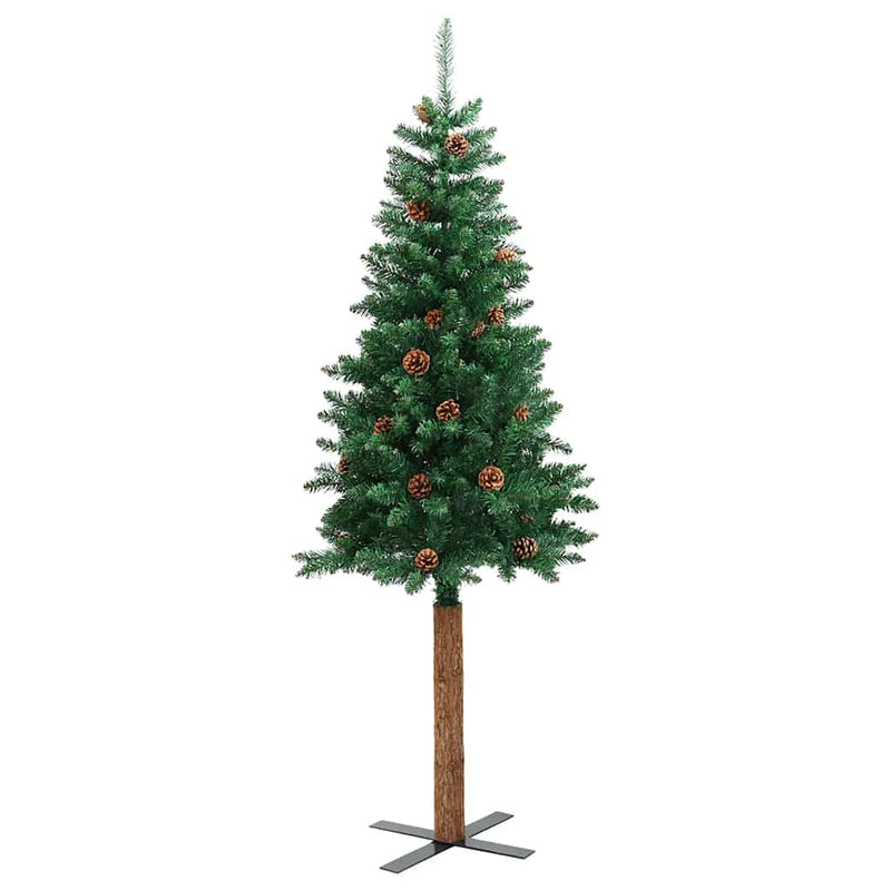 Load image into Gallery viewer, Vidaxl kerstboom met echt hout en dennenappels smal 150 cm pvc groen
