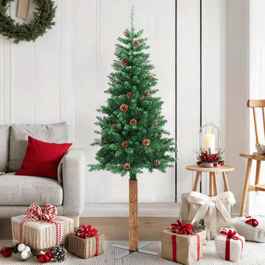 Vidaxl kerstboom met echt hout en dennenappels smal 150 cm pvc groen