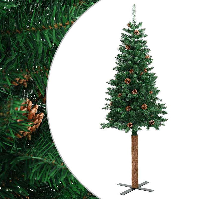 Laden Sie das Bild in Galerie -Viewer, Vidaxl kerstboom met echt hout en dennenappels smal 210 cm pvc groen
