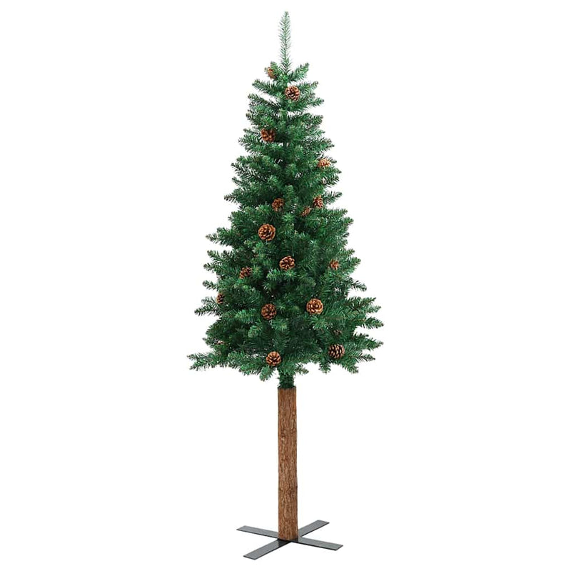 Laden Sie das Bild in Galerie -Viewer, Vidaxl kerstboom met echt hout en dennenappels smal 210 cm pvc groen
