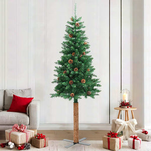 Vidaxl kerstboom met echt hout en dennenappels smal 210 cm pvc groen