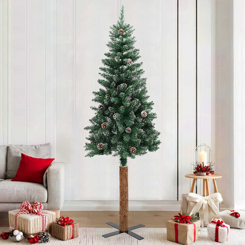 Load image into Gallery viewer, Vidaxl kerstboom met echt hout en sneeuw smal 210 cm groen
