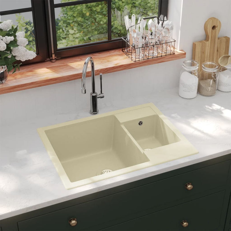 Load image into Gallery viewer, Vidaxl gootsteen dubbele bakken met overloopgat graniet beige
