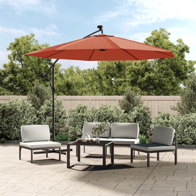 Load image into Gallery viewer, Vidaxl zweefparasol met led-verlichting en stalen paal terracottakleur
