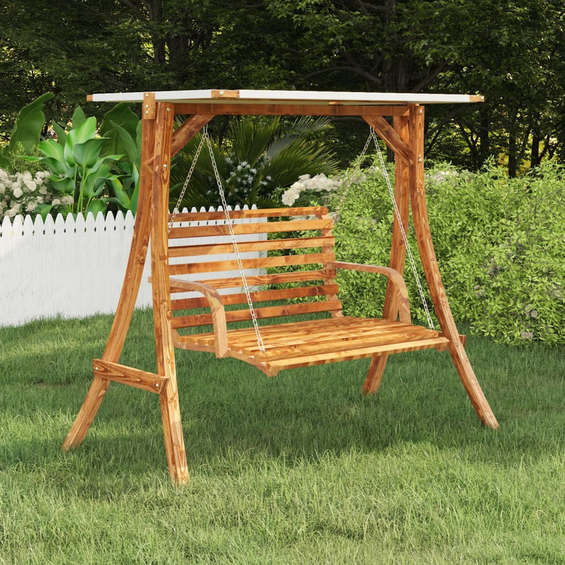 Load image into Gallery viewer, Vidaxl schommelframe met crèmekleur dak gebogen hout met teakafwerking

