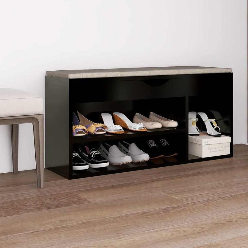 Load image into Gallery viewer, Vidaxl schoenenbank met kussen 104x30x49 cm bewerkt hout zwart
