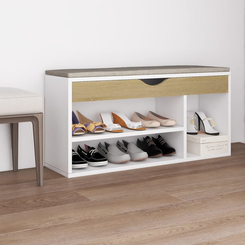 Load image into Gallery viewer, Vidaxl schoenenbank en kussen 104x30x49 cm hout wit sonoma eiken
