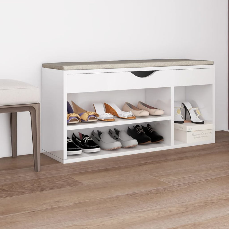 Load image into Gallery viewer, Vidaxl schoenenbank met kussen 104x30x49 cm bewerkt hout hoogglans wit
