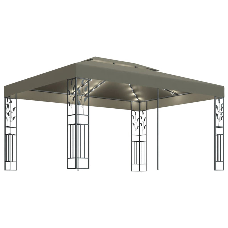 Load image into Gallery viewer, VidaXL Prieel met dubbel dak en LED-lichtslinger 3x4 m taupe

