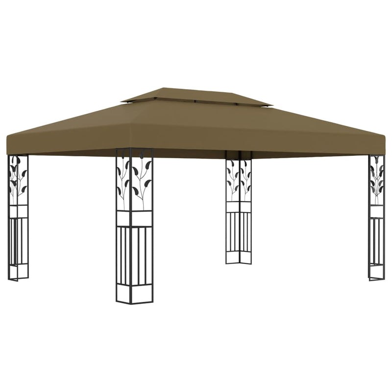 Load image into Gallery viewer, VidaXL Prieel met dubbel dak en LED-lichtslinger 3x4 m taupe
