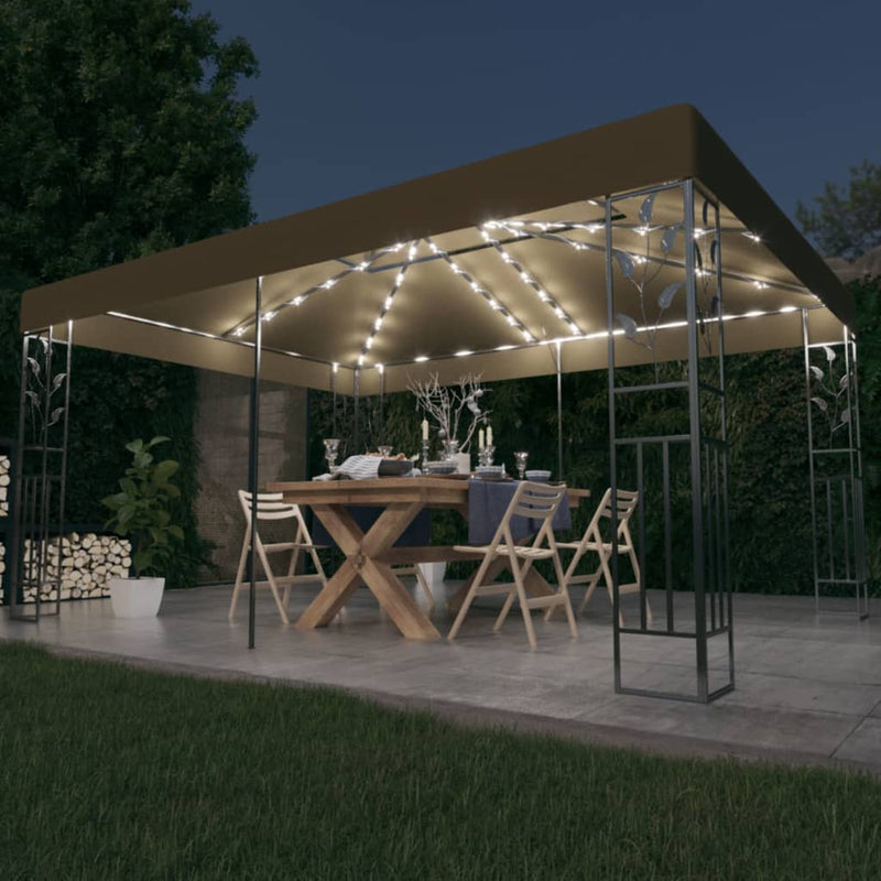 Load image into Gallery viewer, VidaXL Prieel met dubbel dak en LED-lichtslinger 3x4 m taupe
