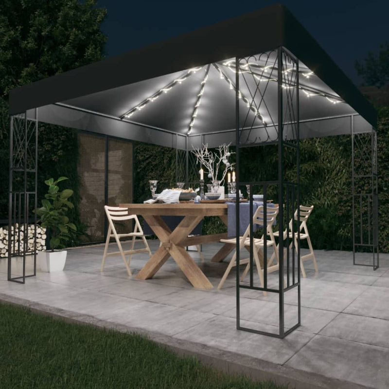 Load image into Gallery viewer, VidaXL Prieel met LED-lichtslinger 3x3 m stof antracietkleurig
