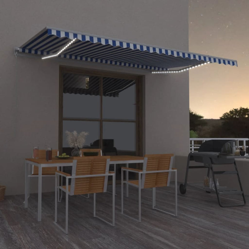 Load image into Gallery viewer, VidaXL Luifel handmatig uittrekbaar met LED 500x350 cm blauw en wit
