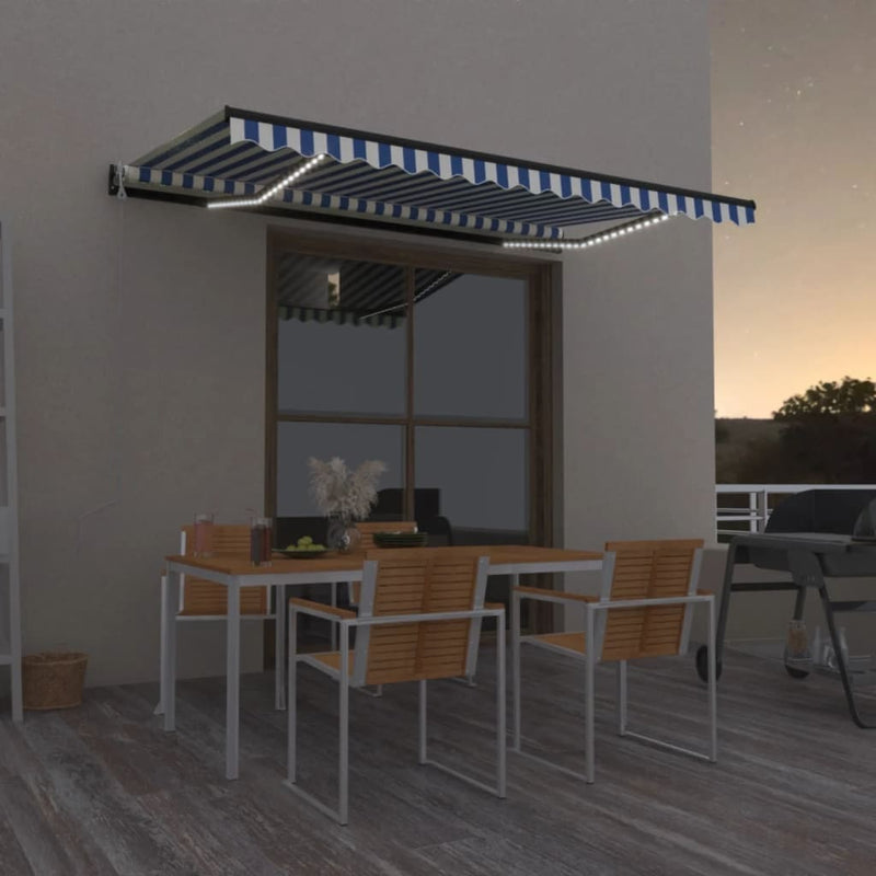 Load image into Gallery viewer, VidaXL Luifel automatisch met LED en windsensor 450x300 cm blauw wit
