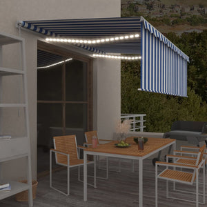 VidaXL Luifel handmatig uittrekbaar met rolgordijn LED 4x3 m blauw wit